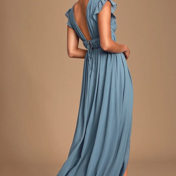 Lulus I'm All Yours Slate Blue Ruffled Maxi Dress - Size S - Picture 5 of 9